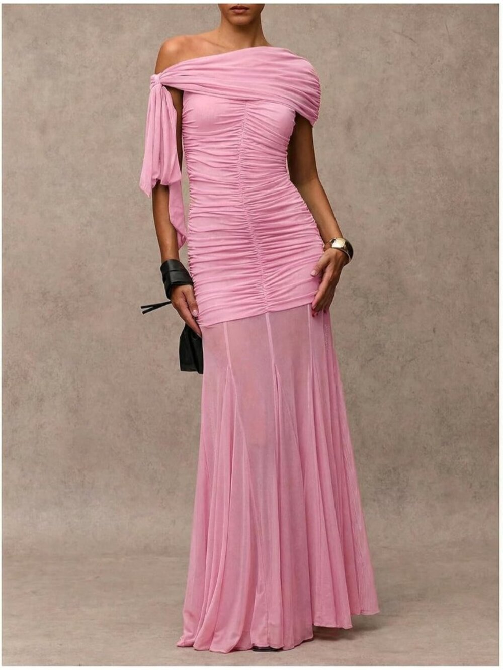 Women's Pink Statement Off Shoulder Ruched Mesh Formal Corset Dress - Picture 4 of 7